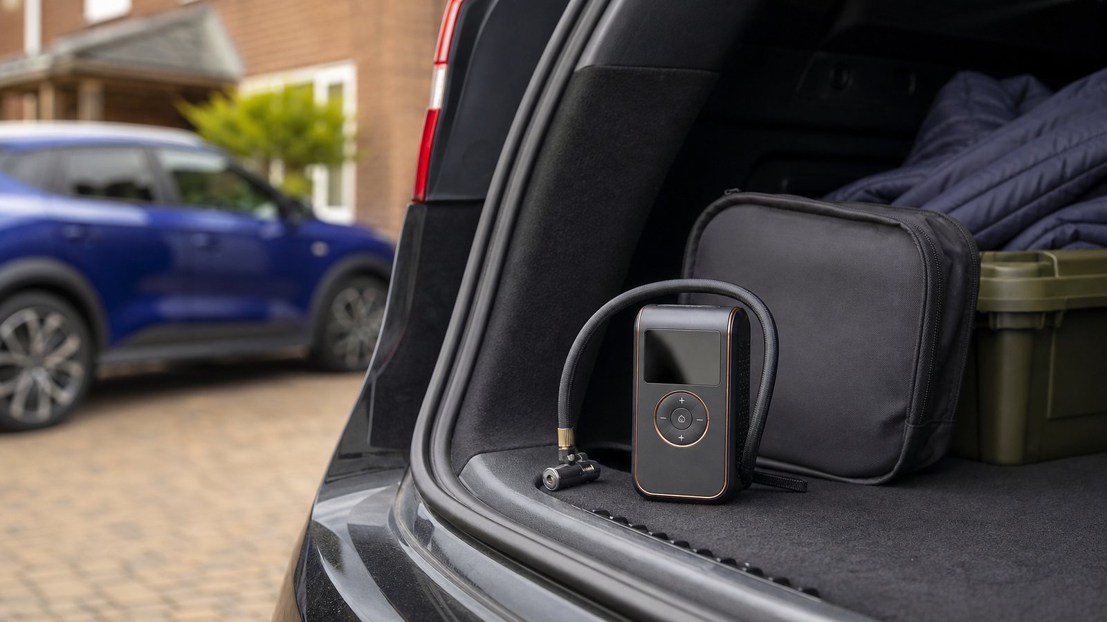 portable digital tyre inflator in a clean UK lifestyle scene