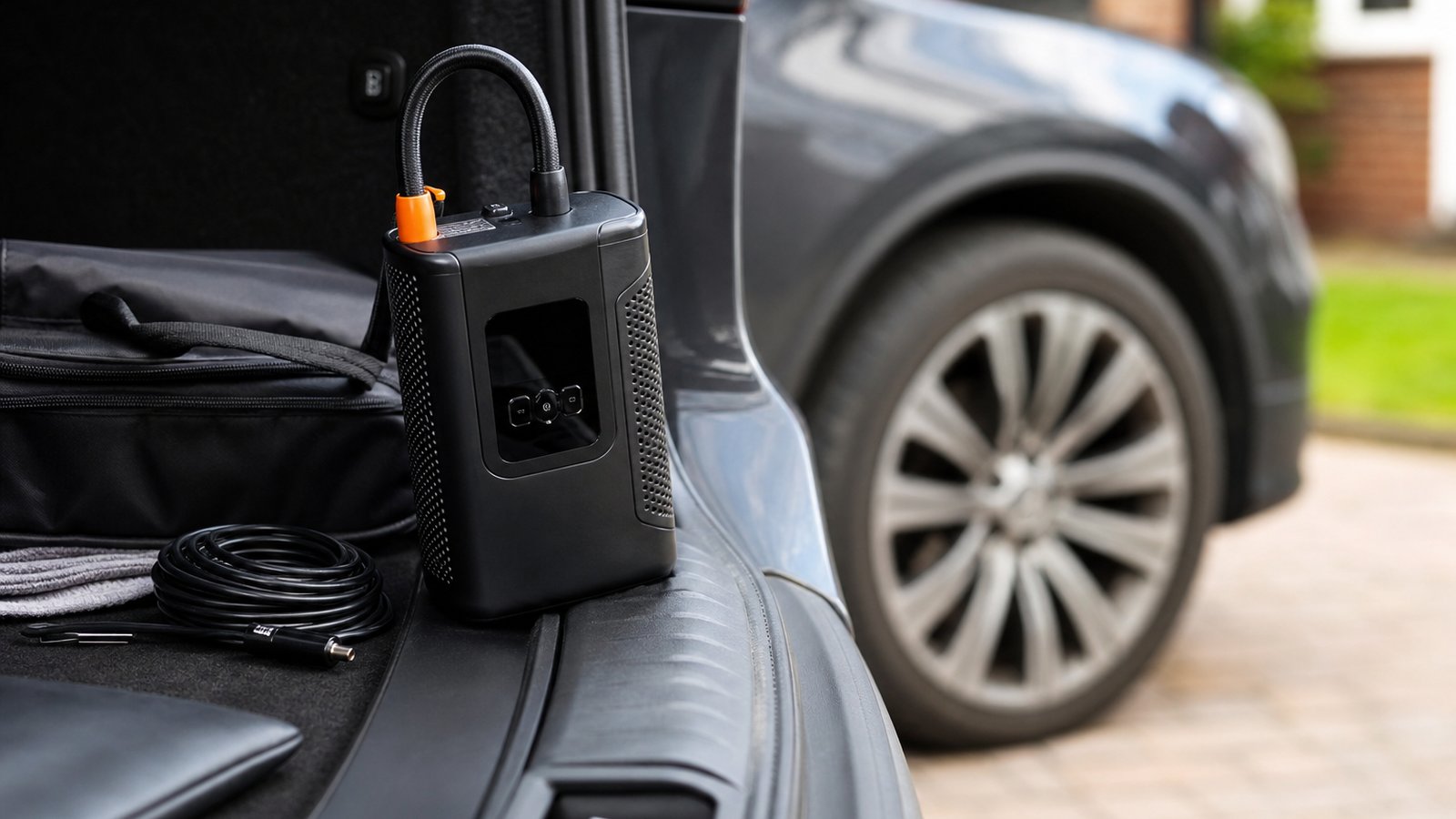 portable digital tyre inflator in a clean UK lifestyle scene